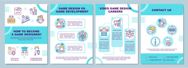 Game designer becoming brochure template. Game development, career. Flyer, booklet, leaflet print, cover design with linear icons. Vector layouts for magazines, annual reports, advertising posters