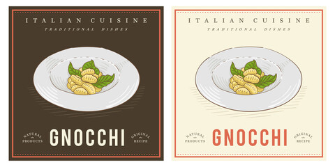 Wall Mural - Gnocchi pasta on plate vintage illustration