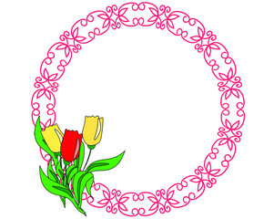 Wall Mural - Round decorative frame with three tulips. Vector illustration, isolated background