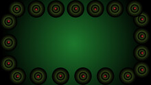 Green Wheels With Red Balls Inside On Black Background Illustration.