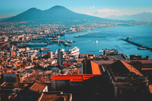 Gulf Of Naples At Sunset With A View Of Vesuvius, Panorama Seen From Castel Sant'Elmo
