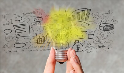 Wall Mural - Glowing glass light bulb with a financial illustration
