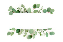 Frame, Border Made Of Green Leaves Eucalyptus Isolated On White Background. Flat Lay, Top View