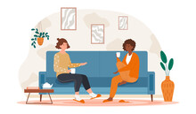 Two Female Friends Drinking Tea At Home. Concept Of Happy Friendship With Laughing And Gossiping. Friends Sitting On Comfortable Couch. Flat Cartoon Vector Illustration