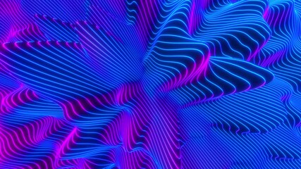 Wall Mural - Abstract colorful wavy background in bright neon blue and purple colors. Modern colorful wallpaper. Seamless loop animation. 3d rendering.