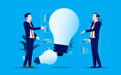 Aufkleber - Businessman presenting idea - Two businessmen in office with big light bulb discussing new ideas. Vector illustration.