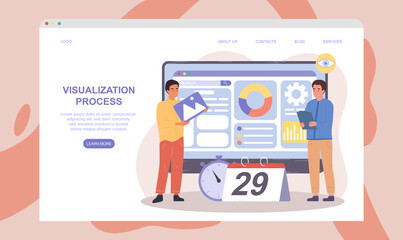 Two male characters are creating visualization for new project. Men adding new elements for visualization of new work project. Website, webpage, landing page template. Flat cartoon vector illustration