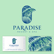 © Nataly - Paradise logo. Tropical spa  and resort emblem. Palm leaves into rounded frame and elegant letters. Identity. Business card.