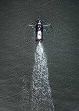 Aerial View Of A Fishing Boat In The North Sea At Terschelling, Friesland, The Netherlands.