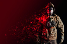 Photo Of A Stalker Soldier In Soviet Gas Mask, Jacket And Armored Vest Standing And Dissolving With Red Highlights On One Side.