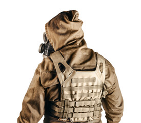 isolated photo of a stalker in jacket, armored vest standing back view in soviet gas mask with filte