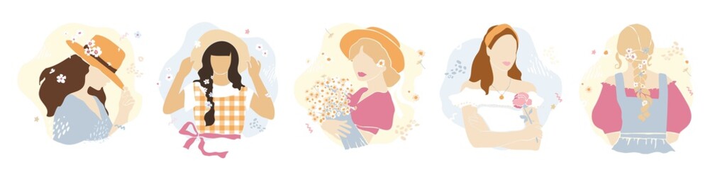 Young woman with red hair in a straw hat with a bouquet of wildflowers isolated on white. Girl in the cut out style with daisies. Greeting card for birthday, mother's day. Cute vector illustration