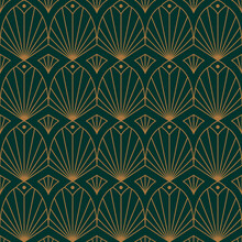 Art Deco Seamless Pattern In A Trendy Minimal Style. Vector Abstract Geometric Background With Golden Lines. For Packaging, Fabric Printing, Branding, Wallpaper, Covers