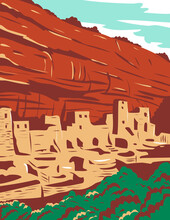 Mesa Verde National Park With Ancestral Puebloan Cliff Dwellings In Colorado WPA Poster Art