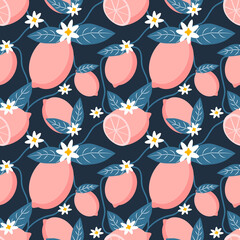 Wall Mural - vector seamless pattern with hand drawn repeating pink lemons on a blue background. bright flat illustration for printing on fabric, clothing, wrapping paper. background for websites and applications