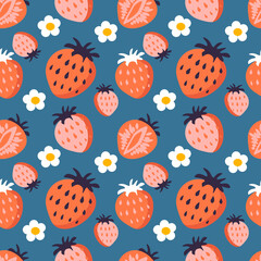 Wall Mural - vector seamless pattern with hand drawn repeating strawberiies on a blue background. bright flat illustration for printing on fabric, clothing, wrapping paper. background for websites and applications