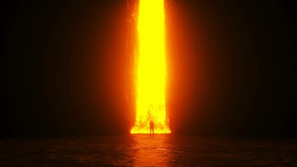 Fototapete - Sinner. A lonely sinfull man stands in front of a hell gates. Hell fire. Religious concept. Realistic 4k animation.