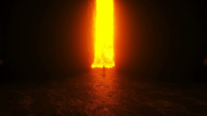 Fototapete - Sinner. A lonely sinfull man stands in front of a hell gates. Hell fire. Religious concept. Realistic 4k animation.