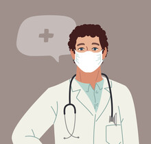 Doctor or Nurse wearing Medical Face Mask. Medical person profession modern vector flat illustration. Doctor and hospital staff cartoon character and speech bubble