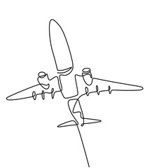 Poster - One line drawing a plane. The passenger plane flight in the sky isolated on white background. Business and tourism, airplane travel concept. Vector aircraft illustration in minimalist design