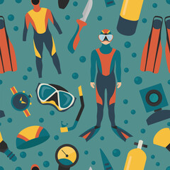 Wall Mural - Sporting gear set. Diving equipment and scuba diver male seamless pattern