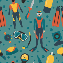 Poster - Sporting gear set. Diving equipment and scuba diver male seamless pattern