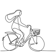 One line drawing of happy young girl on bicycle. Energetic beautiful woman riding her cycle in the morning to go to school. Daily activity. Back to school concept isolated on white background