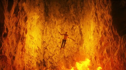 Fototapete - Sinners fall to hell fire. Religious concept. Realistic 4k animation.