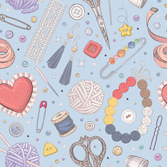 Wall Mural - Seamless pattern with handcraft elements like sewing, knitting, embroidering and decorating. Vector illustration