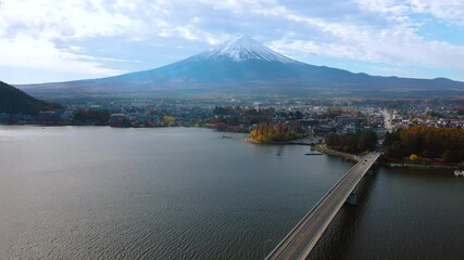 Wall Mural - Aerial view of mount Fuji over lake Kawaguchi in Yamanashi Japan