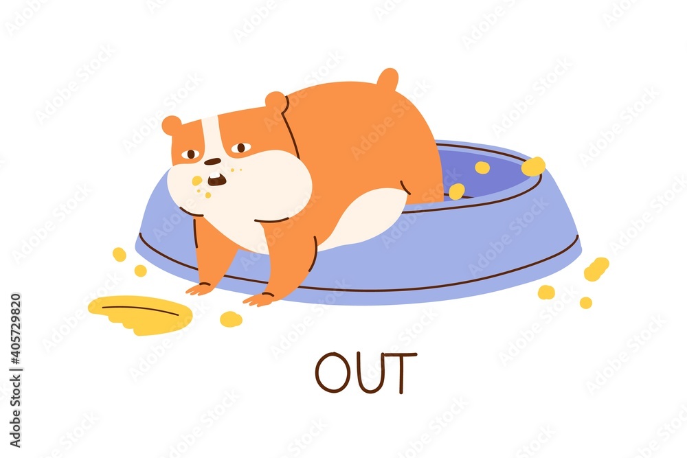 Cute fat hamster demonstrating English preposition of direction and place by climbing out its bowl. Funny animal with inscription isolated on white background. Childish color flat vector illustration - obrazy, fototapety, plakaty 