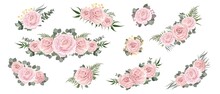Collection Of Flower Compositions. Pink Roses, Eucalyptus, Various Plants And Flowers, Gypsophila