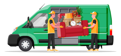 Wall Mural - Delivery van full of home stuff inside. Moving to new house. Family relocated to new home. Boxes with goods. Package transportation. Computer, lamp, clothes, books. Flat vector illustration