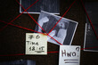 © New Africa - Detective board with crime scene photos, stickers, clues and red thread, closeup
