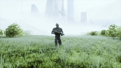 Wall Mural - Military alien with a weapon walks through the meadow against the background of the city. Realistic 4k animation.