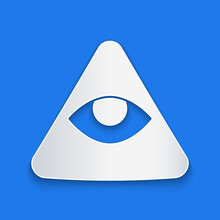 Paper Cut Masons Symbol All-seeing Eye Of God Icon Isolated On Blue Background. The Eye Of Providence In The Triangle. Paper Art Style. Vector.