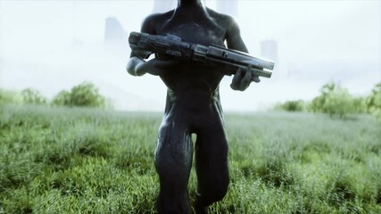 Wall Mural - Military alien with a weapon walks through the meadow against the background of the city. Realistic 4k animation.