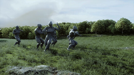 Wall Mural - funny aliens dancing in the meadow near the UFO spaceship. 3d rendering.