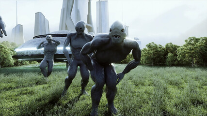 Wall Mural - funny aliens dancing in the meadow near the UFO spaceship. 3d rendering.