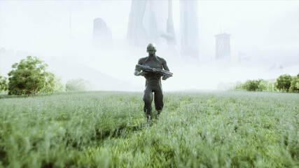 Wall Mural - Military alien with a weapon walks through the meadow against the background of the city. 3d rendering