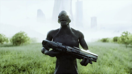 Wall Mural - Military alien with a weapon walks through the meadow against the background of the city. 3d rendering