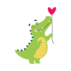 Sticker - Cute Crocodile Holding Heart Shaped Balloon, Funny Alligator Predator Green Animal Character Cartoon Style Vector Illustration