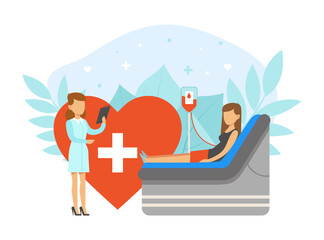 Sticker - Blood Donation Concept, Woman Donor Volunteer Donating her Blood Cartoon Vector Illustration