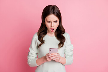 Sticker - Portrait of impressed lady open mouth staring screen disbelief unfollow isolated on pink color background