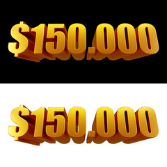 150000 dollars gold metallic 3D text isolated on black and white background wide banner