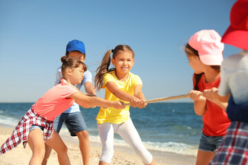 Wall Mural - Cute children pulling rope during tug of war game on beach. Summer camp