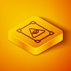 Isometric line Ancient magic book with alchemy recipes and mystic spells and enchantments icon isolated on orange background. Yellow square button. Vector.