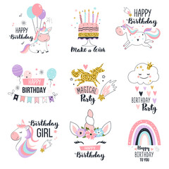 Happy birthday greeting cards with cute unicorns. Hand drawn vector illustration.