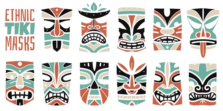 color hawaiian masks prints. Vector set