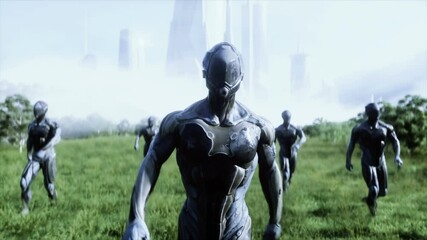 Wall Mural - military space soldiers of the future on a green meadow against the backdrop of a futuristic city. Realistic 4k animation.